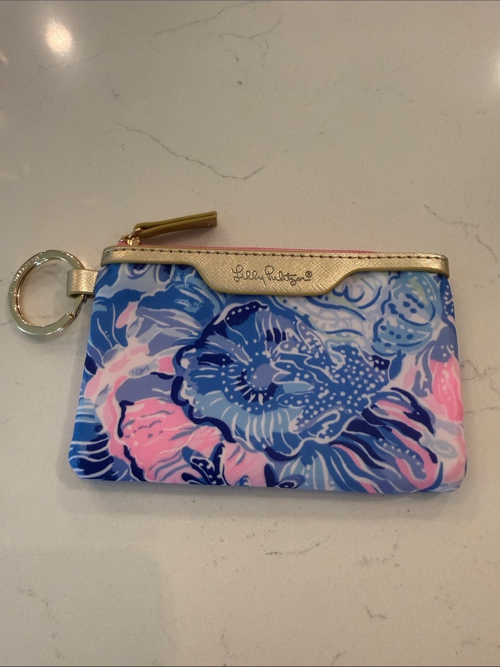 NWOT Lilly Pulitzer Blue & Pink Floral Card Case with Gold Keyring